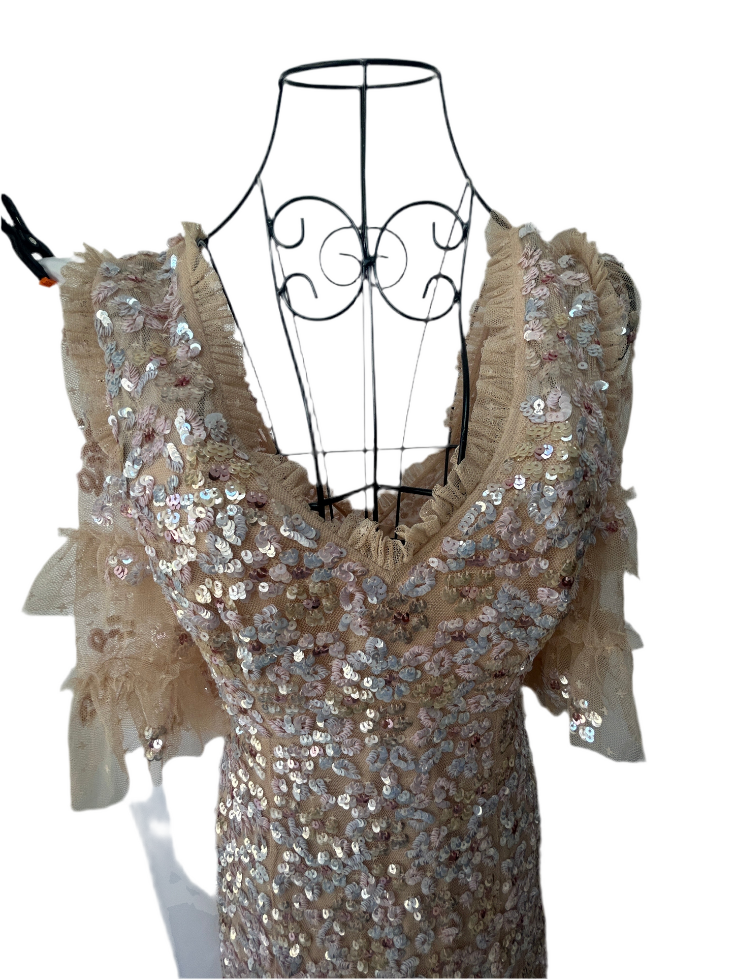Needle & Thread champagne-colored, sequined midi dress with ruffled details and a V-neckline