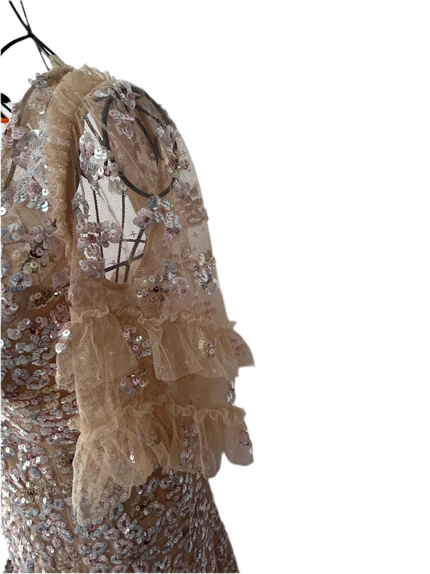 Needle & Thread champagne-colored, sequined midi dress with ruffled details and a V-neckline