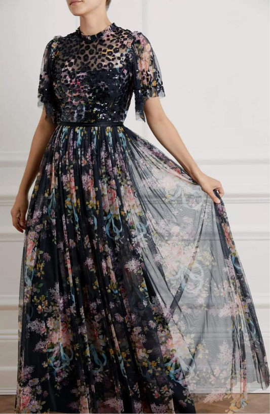 Needle & Thread black sequined and floral gown