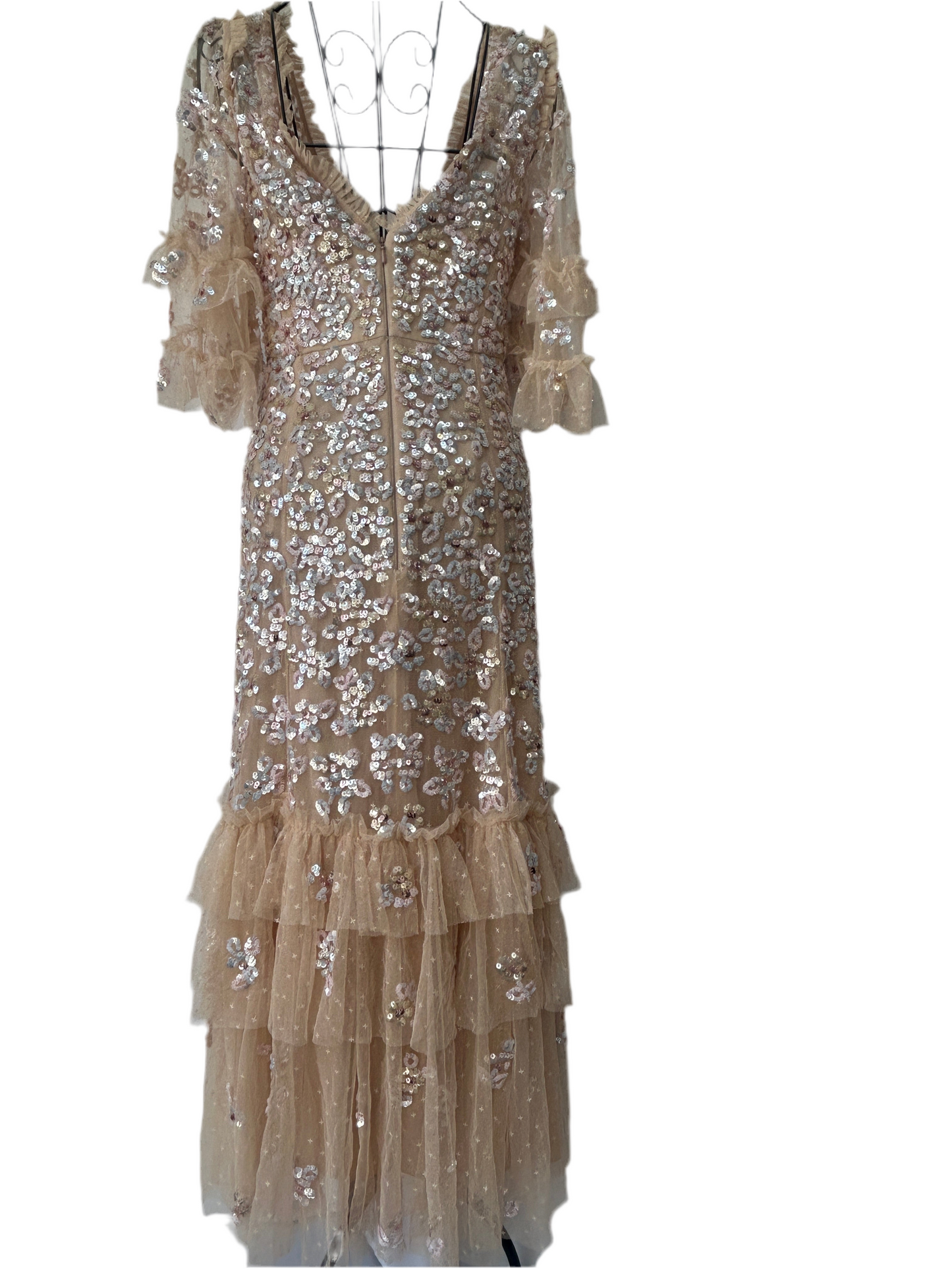 Needle & Thread champagne-colored, sequined midi dress with ruffled details and a V-neckline