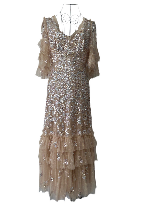 Needle & Thread champagne-colored, sequined midi dress with ruffled details and a V-neckline
