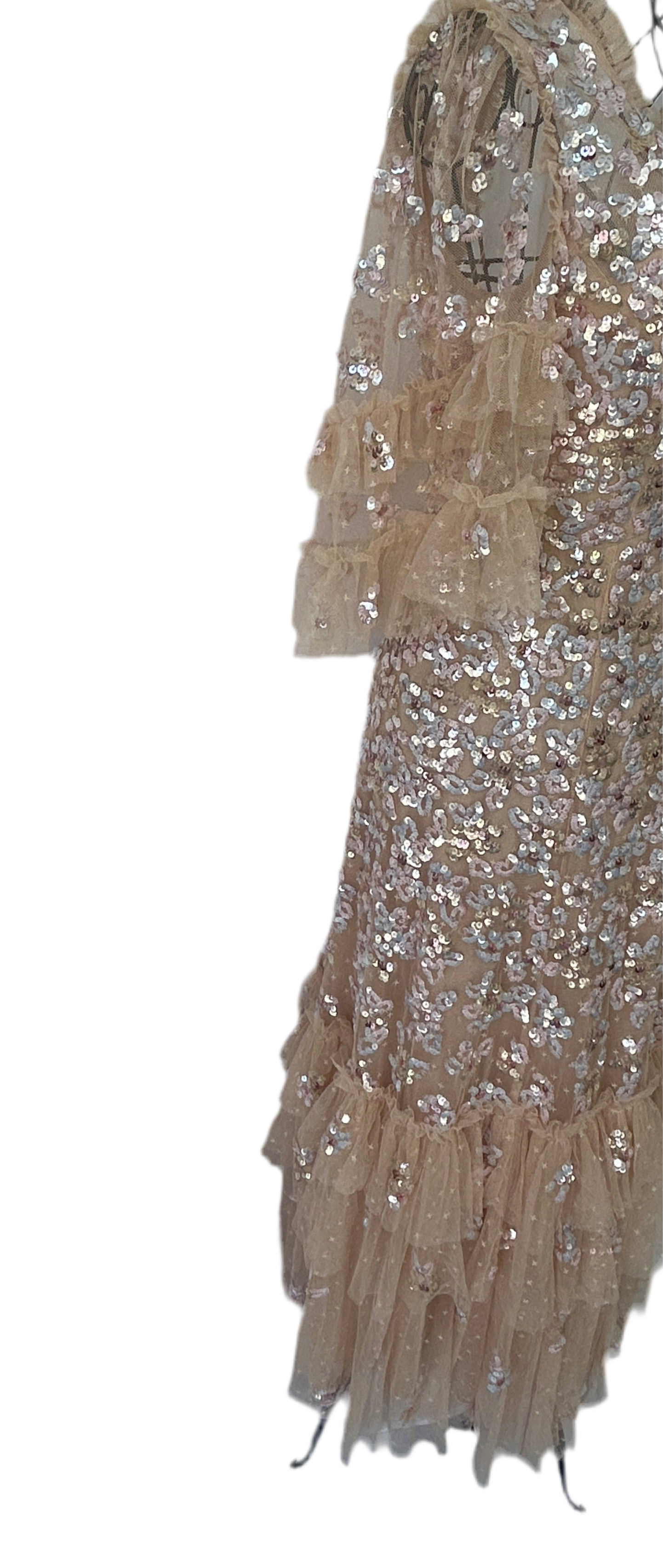Needle & Thread champagne-colored, sequined midi dress with ruffled details and a V-neckline