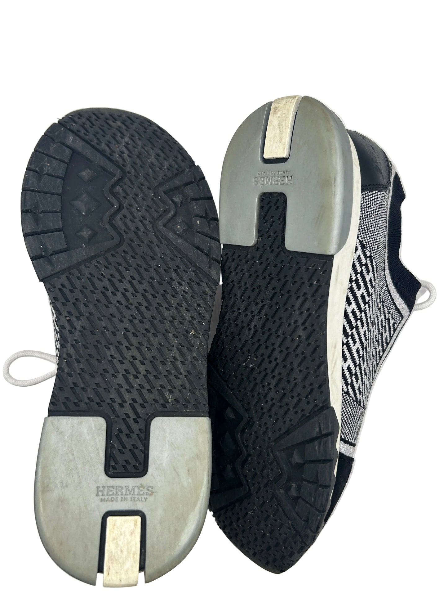 Hermès Addict knit fabric and suede sneakers in black and white