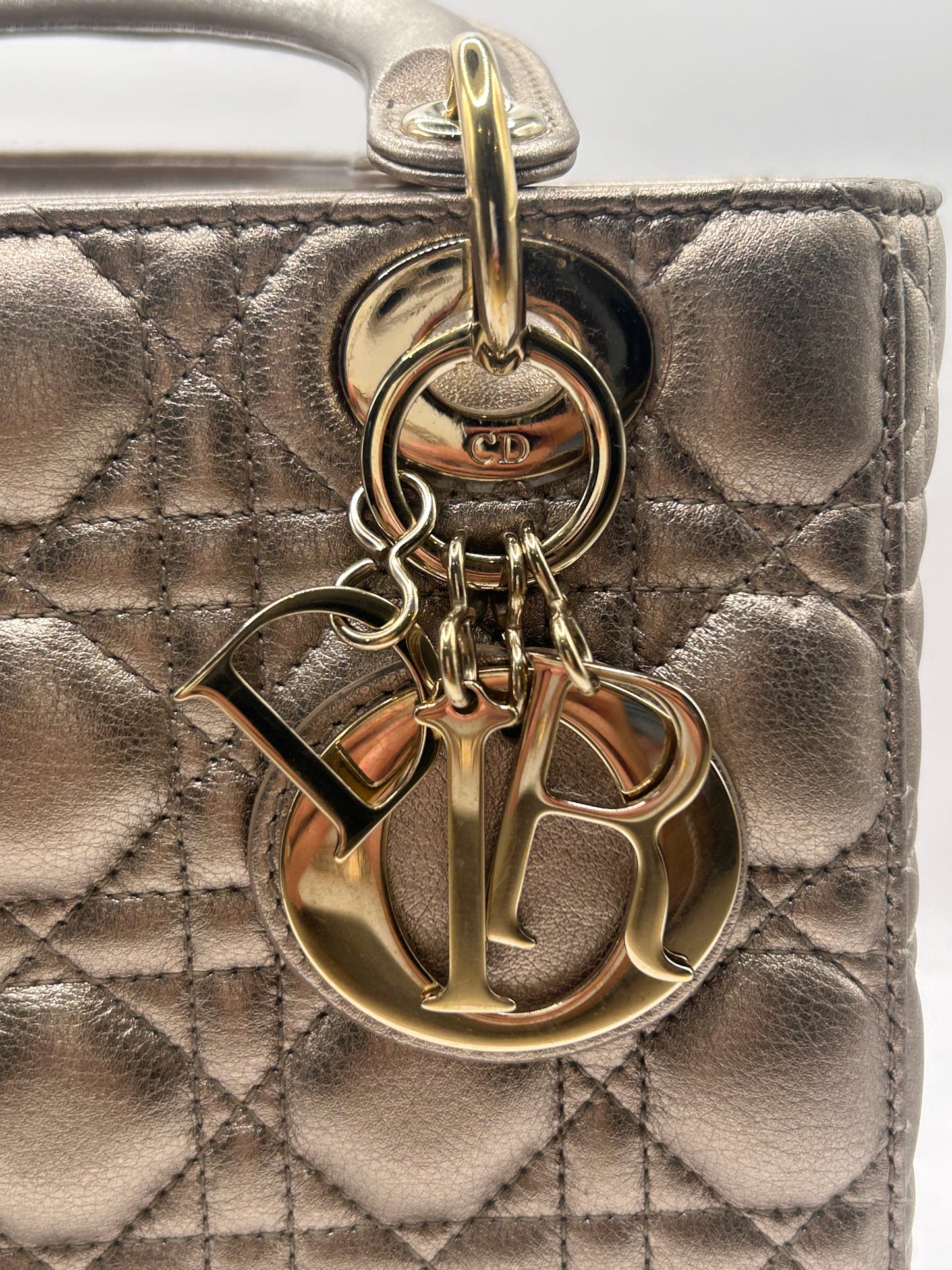 Christian Dior small Lady Dior quilted metallic calfskin leather tote bag