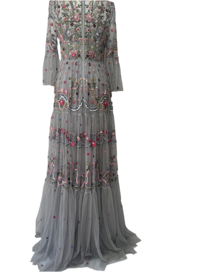 NEEDLE & THREAD
Light Grey Dreamers Floral Embroidered Tulle Gown
