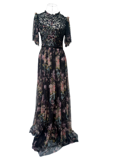 Needle & Thread black sequined and floral gown