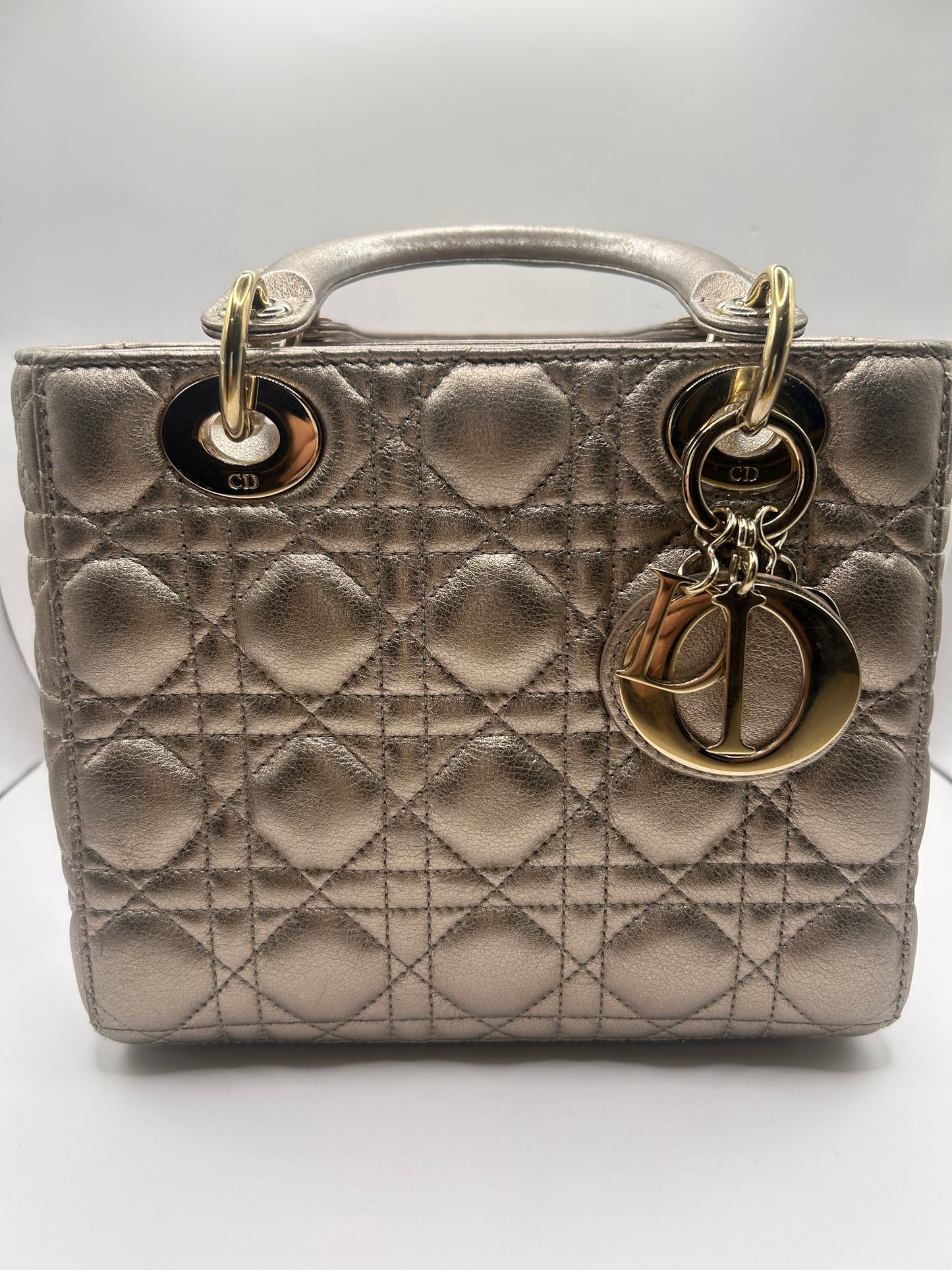 Christian Dior small Lady Dior quilted metallic calfskin leather tote bag