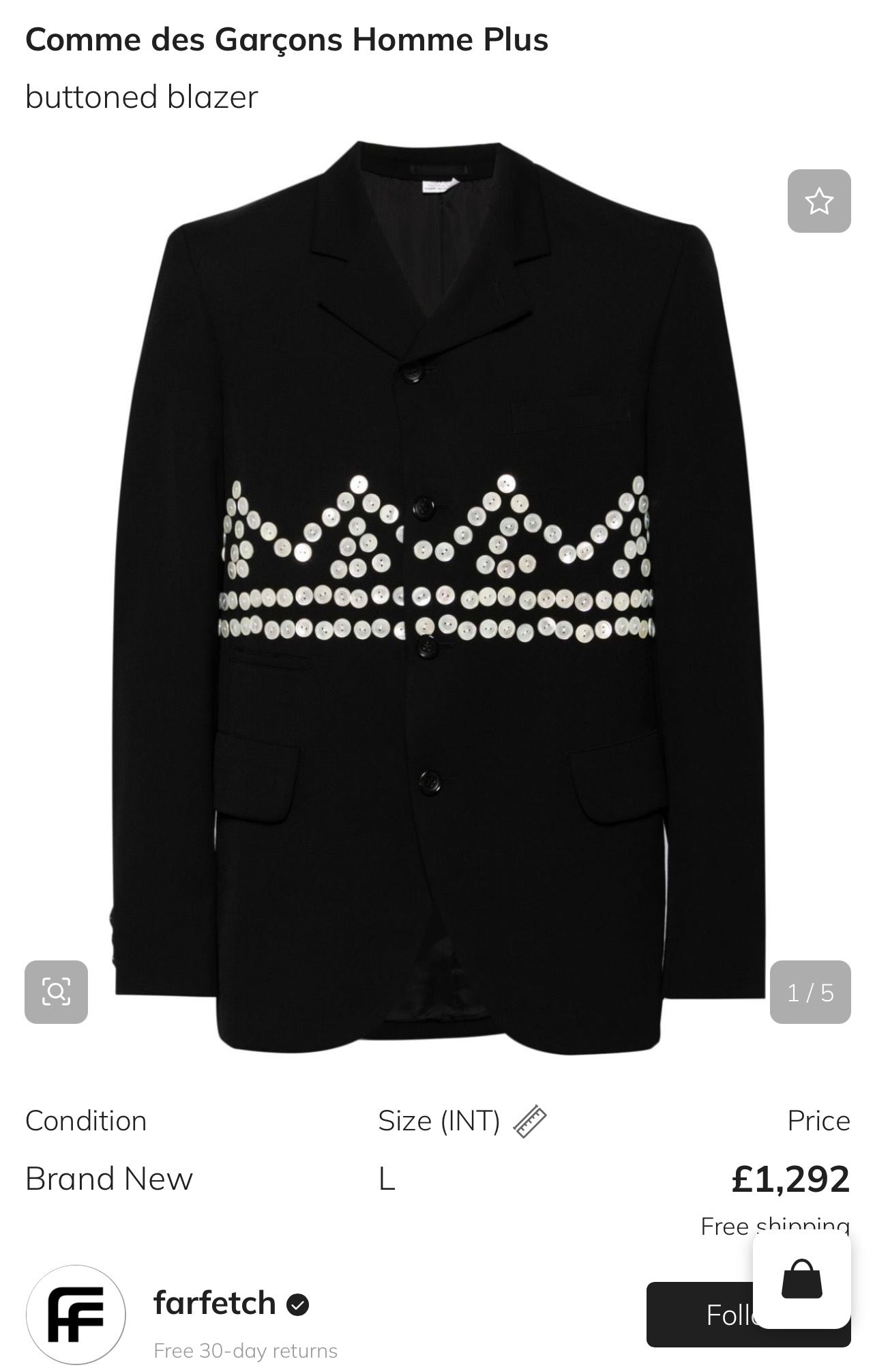 Comme des Garçons Homme
Plus for Men buttoned blazer
Black- Medium