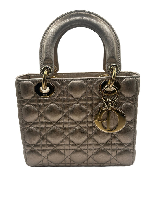 Christian Dior small Lady Dior quilted metallic calfskin leather tote bag
