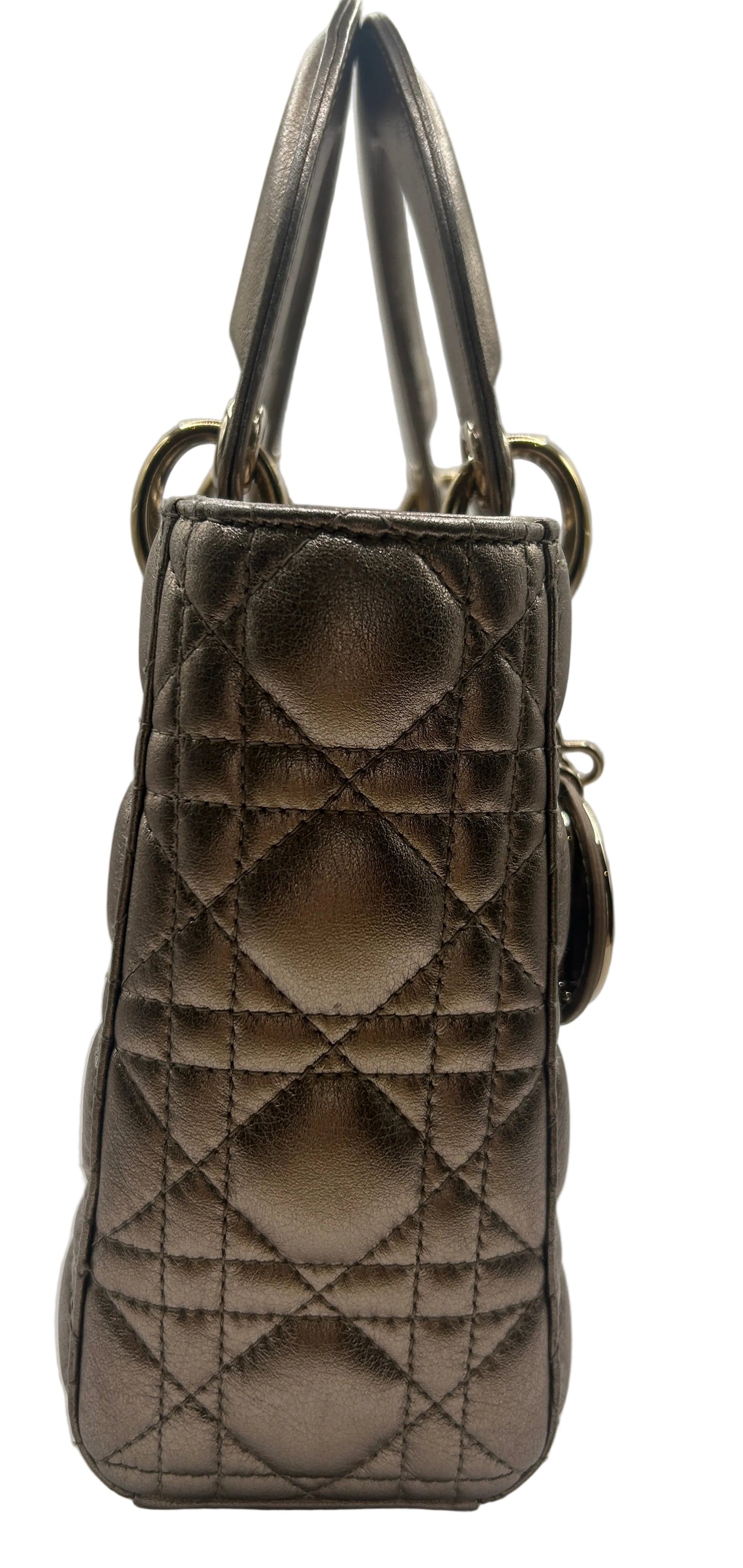 Christian Dior small Lady Dior quilted metallic calfskin leather tote bag