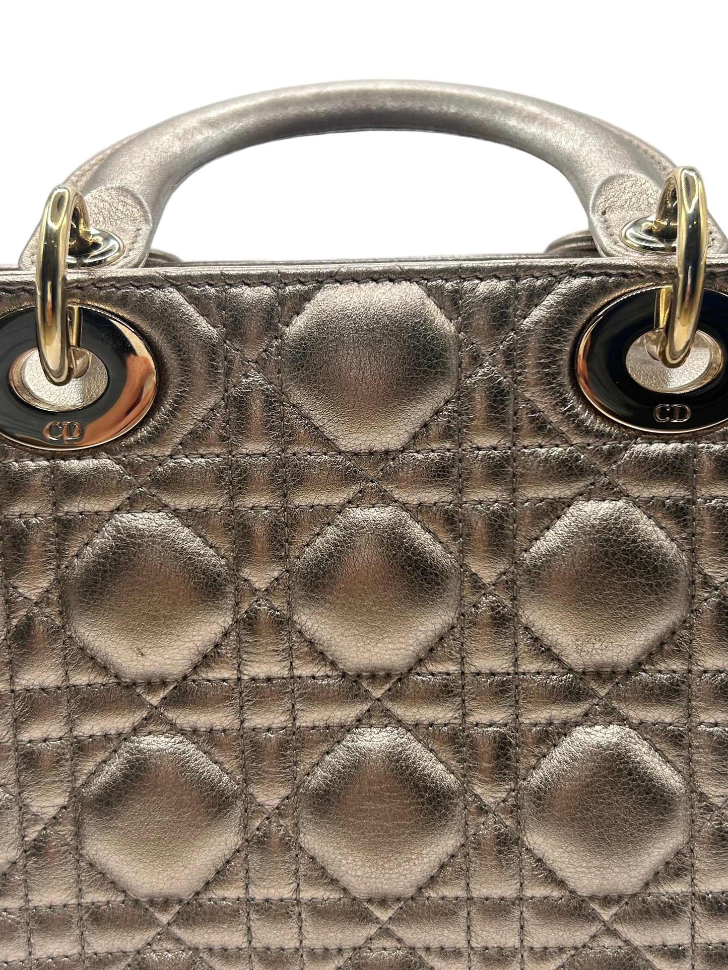 Christian Dior small Lady Dior quilted metallic calfskin leather tote bag