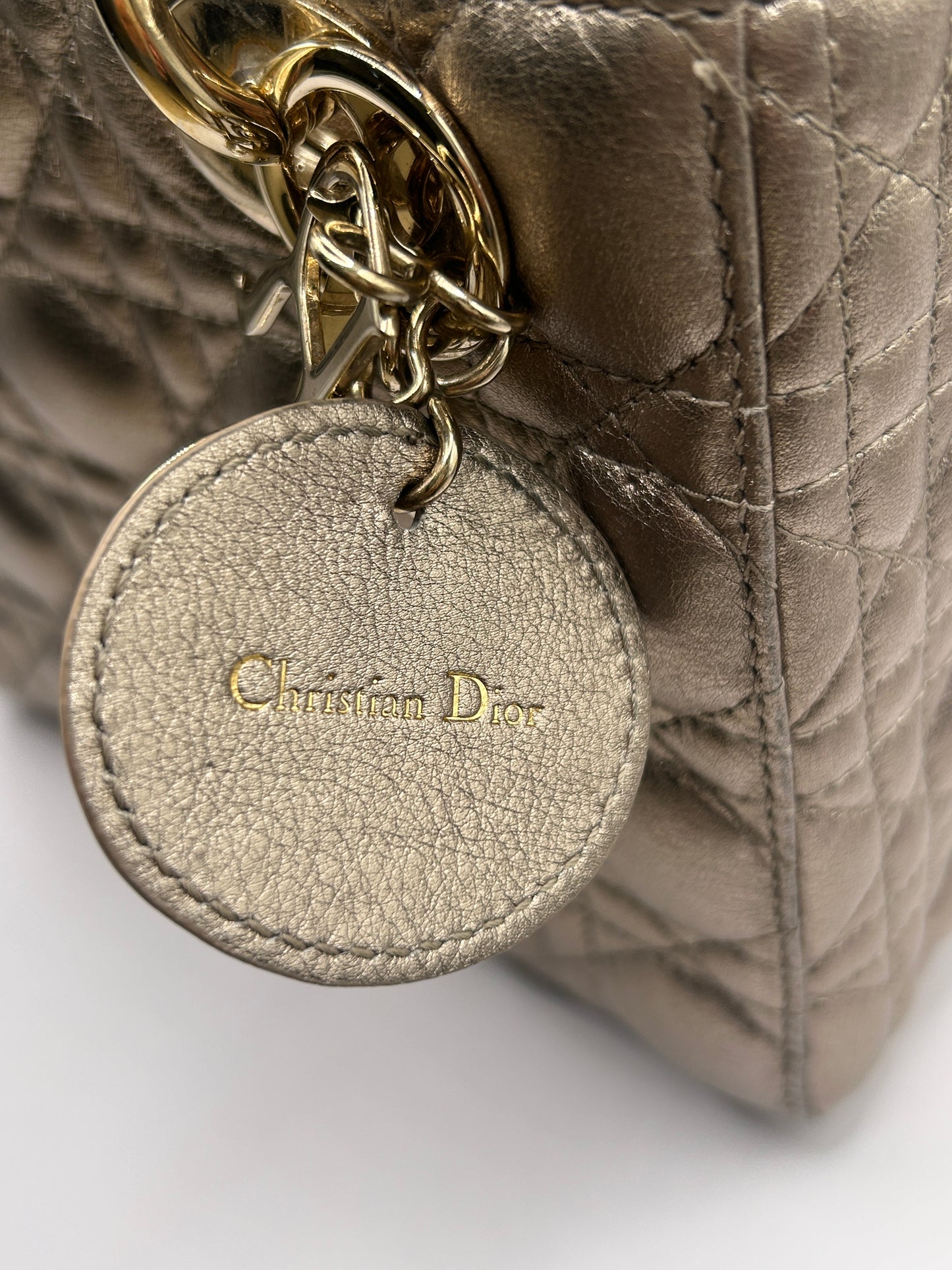 Christian Dior small Lady Dior quilted metallic calfskin leather tote bag