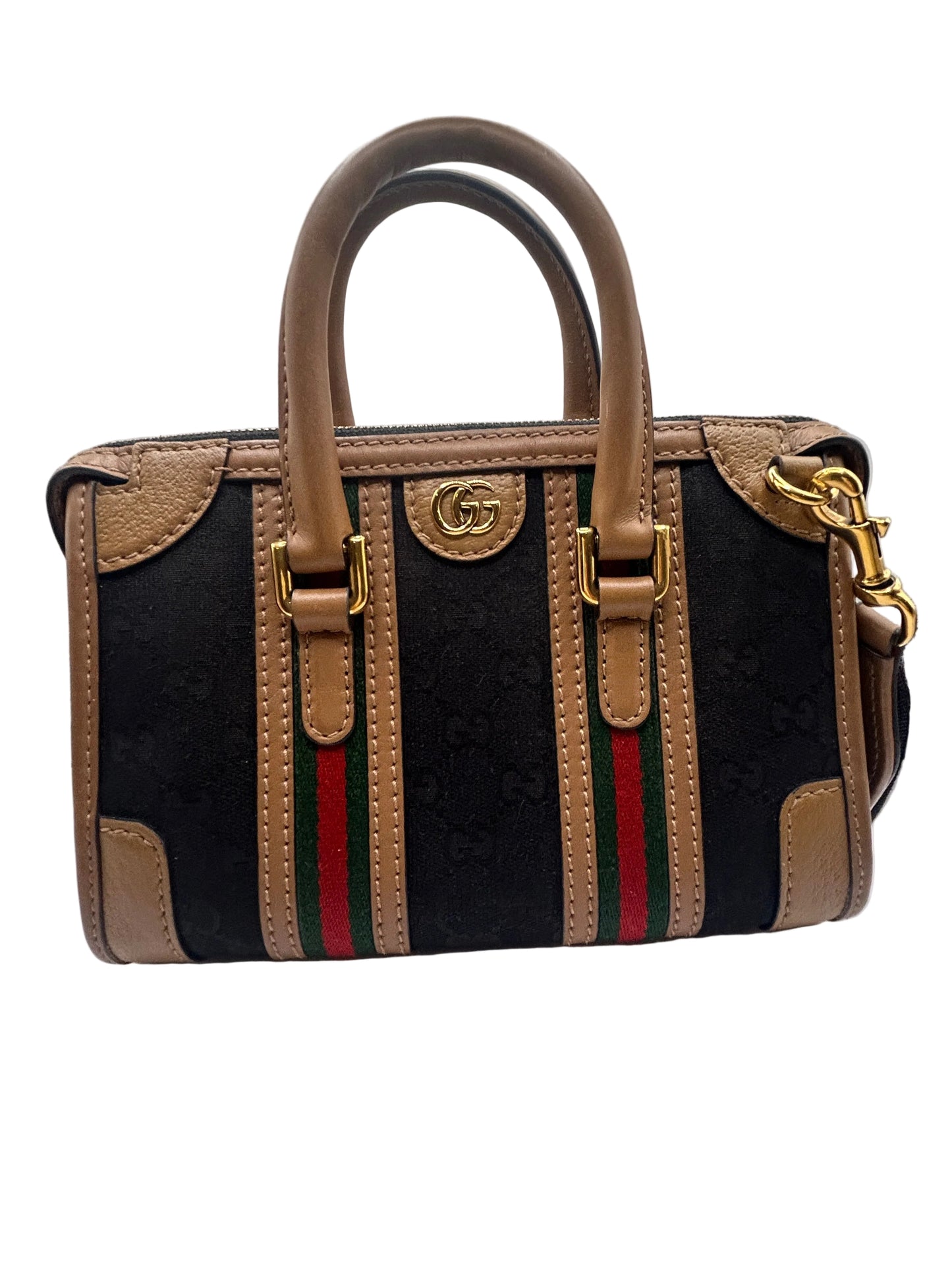 Gucci Bauletto mini top handle bag in black GG canvas and tan leather trim.