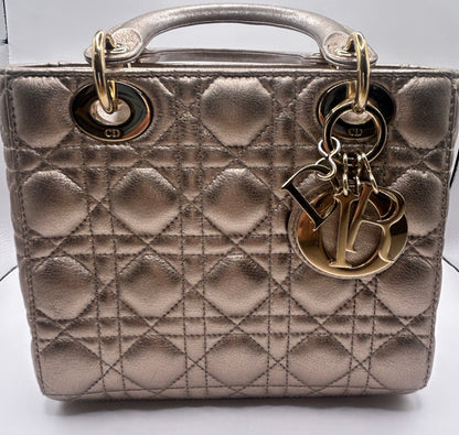 Christian Dior small Lady Dior quilted metallic calfskin leather tote bag